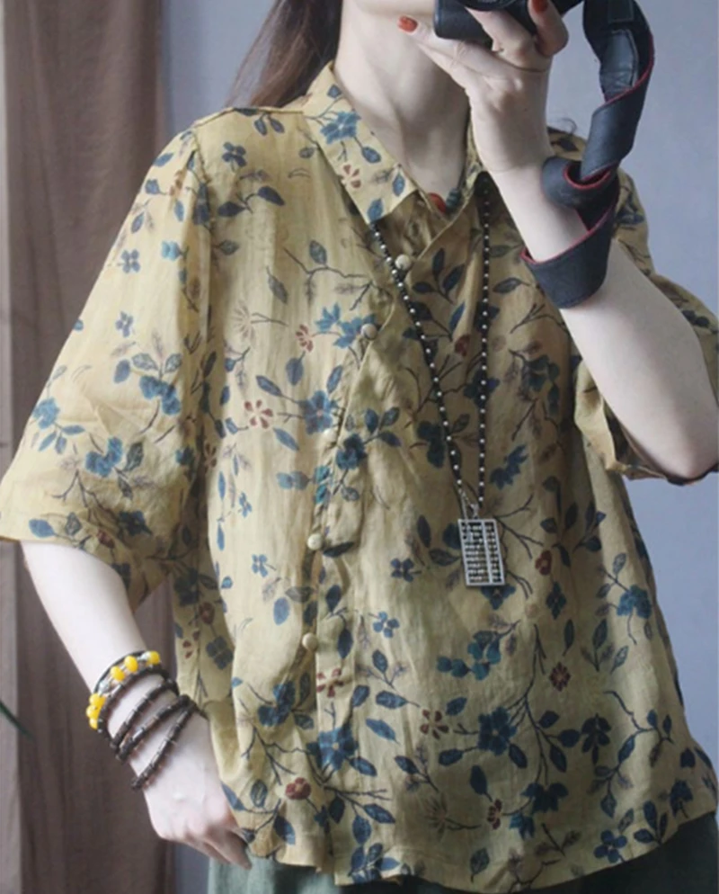 

Женская рубашка с коротким рукавом, Повседневная однобортная блузка из хлопка и льна с отложным воротником и винтажным принтом, модель C703 на лето