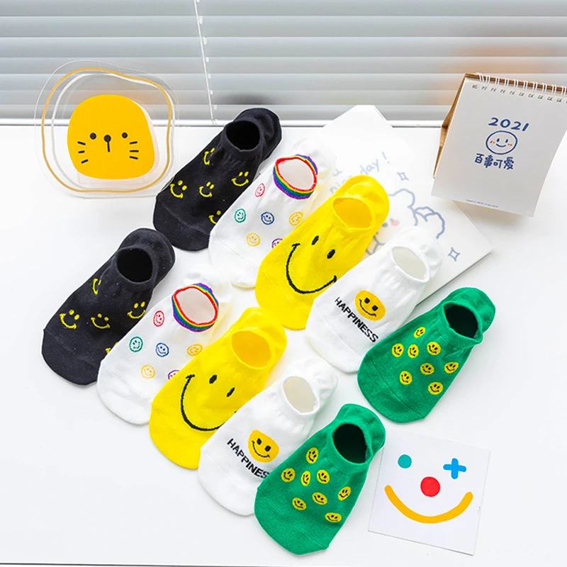 

5 Pairs Women Socks Korea Funny Harajuku Expression Boat Socks Female Cartoon Socks Girls Non-slip Breathable Invisiable Socks