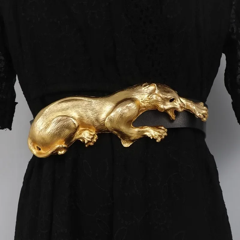 Женский модный черный корсет из натуральной кожи с золотым леопардовым принтом