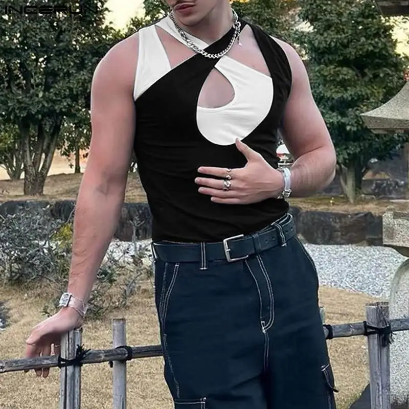 

American Style New Men's Cross Stitching Contrast Color Tank Tops Casual Black&White Hollowed Waistcoat S-5XL INCERUN Tops 2023