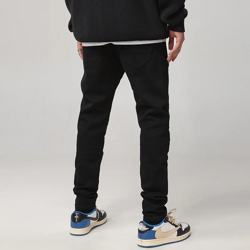 High Street Fashion Men Jeans Black Elastic Slim Fit Spliced Designer Biker Jeans Men Stretch Trousers Hip Hop Punk Pants Hombre
