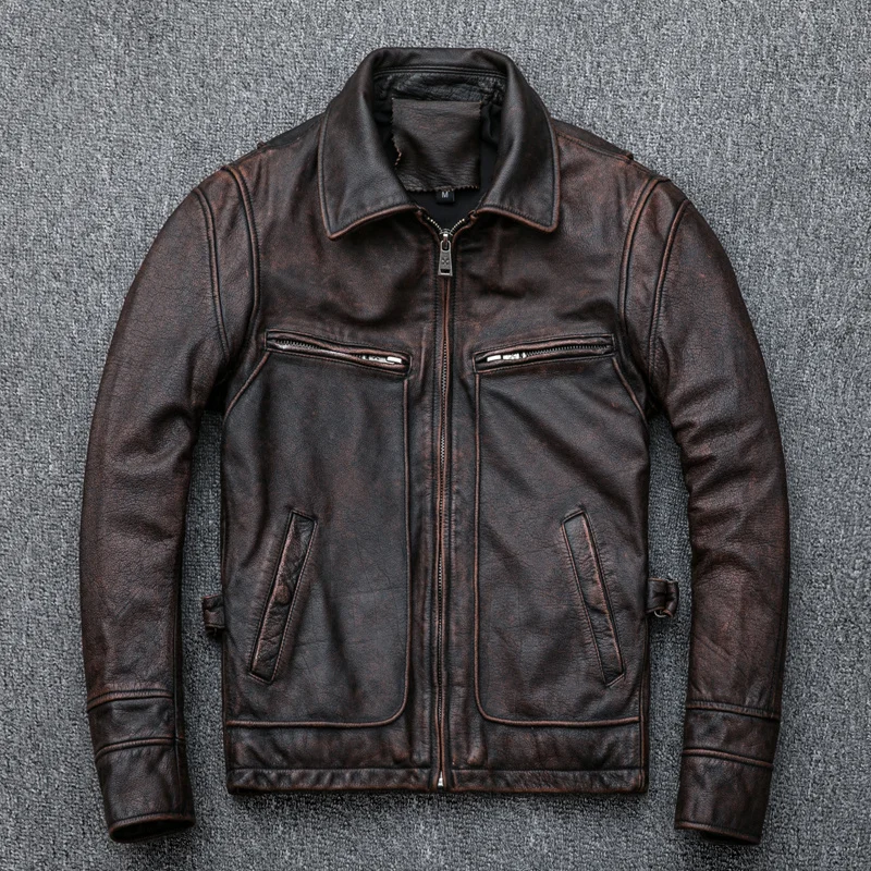 

5 days arrival, Men's Genuine Locomotive Retro Top Cowhide Leather Jacket Large Size Autumn Winter Vintage Coat