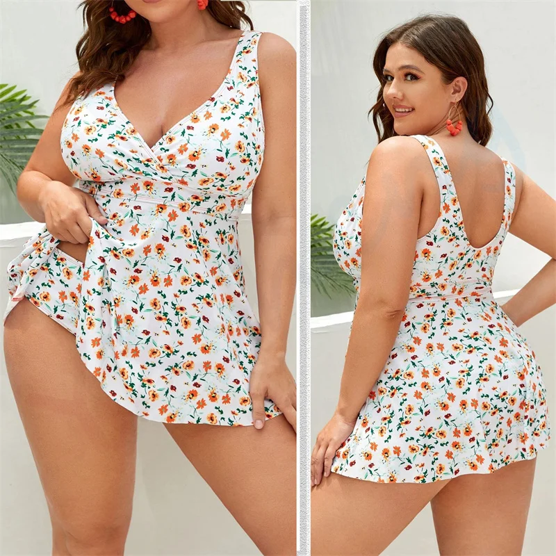 

2023 New Large Size Siamese Small Floral Printing Women's Swimsuit High Waist Conservative Gathered Padded Swimwear Beachwear
