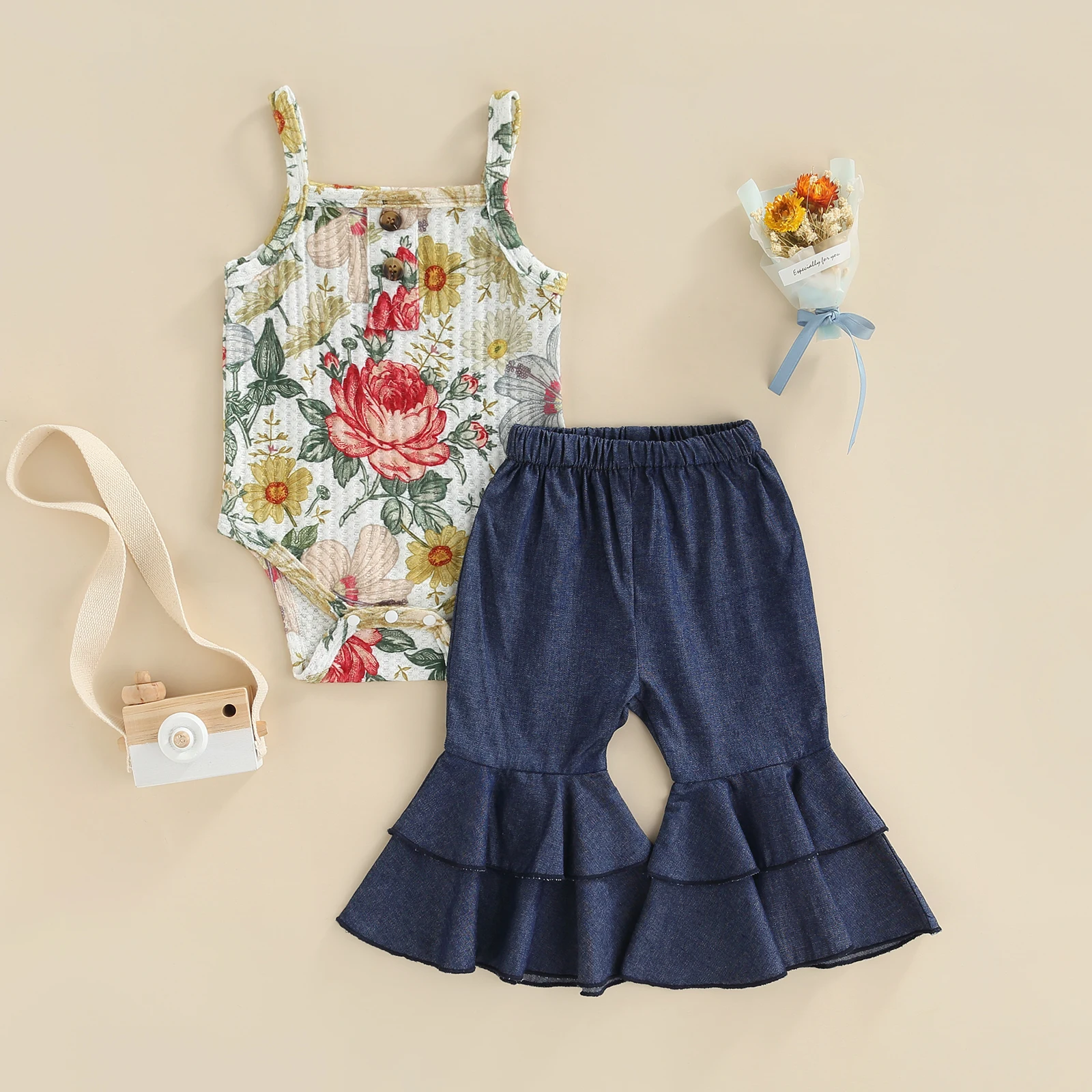 

Детский костюм из двух предметов для девочек, модель 2022 года, брюки-клеш без рукавов с цветочным принтом, из хлопка