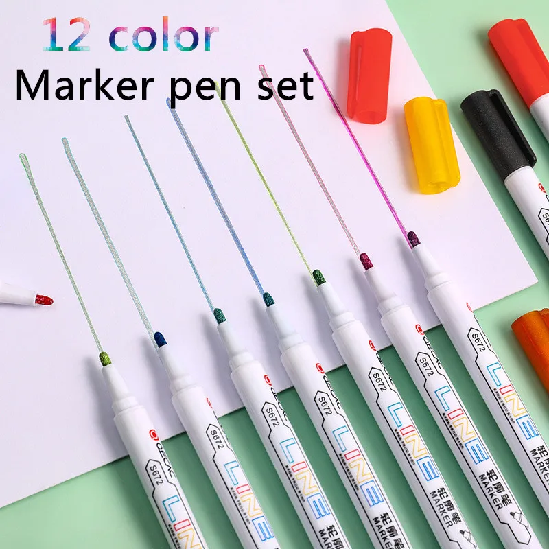 

12 Color Drawing Handbook Highlighter Set Kawaii Stationery Double Line Outline Marker Pen for Kids School Painting Art Supplies