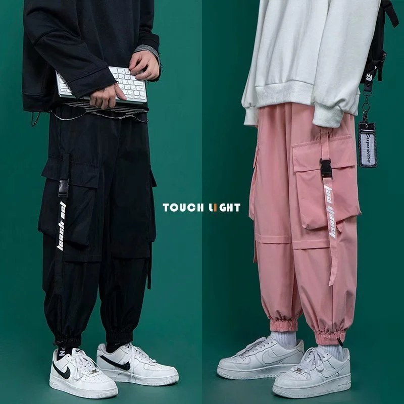 

Black Cargo Pants Men's Fashion Loose Tappered Casual Pants Pink Hip Hop Sports Pants Japanese Streetwear Pants Cargo Sweatpants