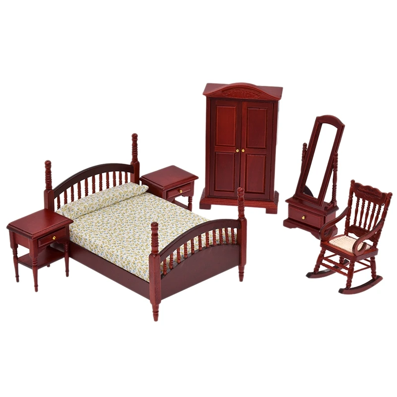 

6Pcs Dollhouse Furniture Accessories Bedroom Set Bed Chair Cabinet Dresser Mirror for Doll House Miniature Decoration