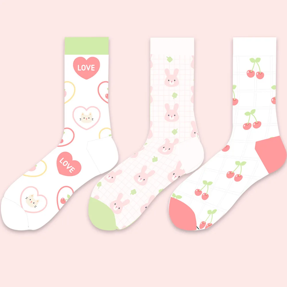 

Socks Women Cute Fruits Cherry Rabbit Love Heart Print Socks Girls Gift Stockings Kawaii White Calcetines Muje Sweet Lolita Sox