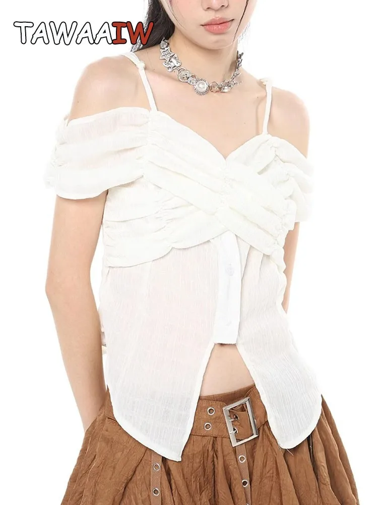 

Tawaaiw Fairycore Style See Through T Shirt Women Clothes Short Sleeve Crop Top Thin Summer 2023 Off Shoulder Tees Ladies Tops