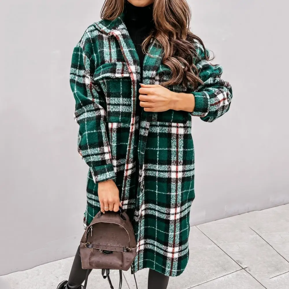 

Autumn And Winter Warm Women Shirt Coat Fashion Plaid Printing Turn Down Collar Mid-length Coat Casual Single-Breasted Clothes