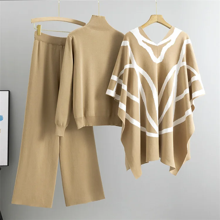 Офисный женский комплект из 3 предметов винтажный принт шаль пуловер свитер