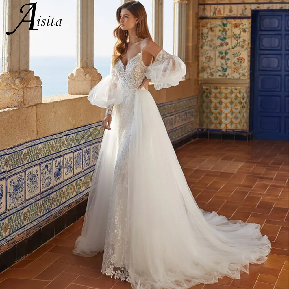 

Exquisite V Neck Lace Appliques Wedding Dress Mermaid With Detachable Train Bridal Gown Long Puffy Sleeves Vestidos De Novia