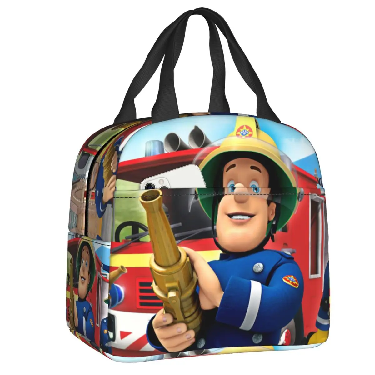 

Fireman Sam Lunch Box Women Cartoon Firefighter Portable Thermal Insulated Lunch Bag for Kids School Children Picnic Food Tote