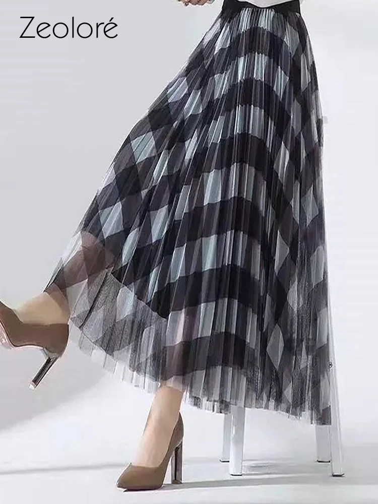 Юбка-миди Женская плиссированная в клетку с высокой талией QH2227 | одежда