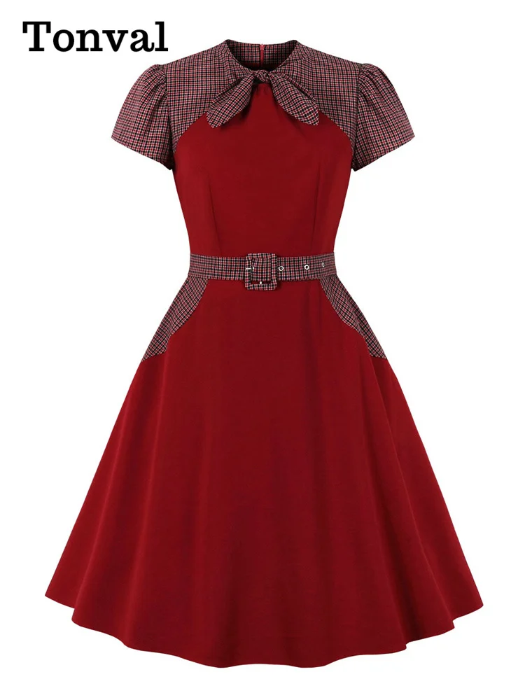 

Tonval Plaid and Burgundy Elegant Bow Neck Women 50s Vintage Swing Dress Short Sleeve Pockets A Line Belted Dresses