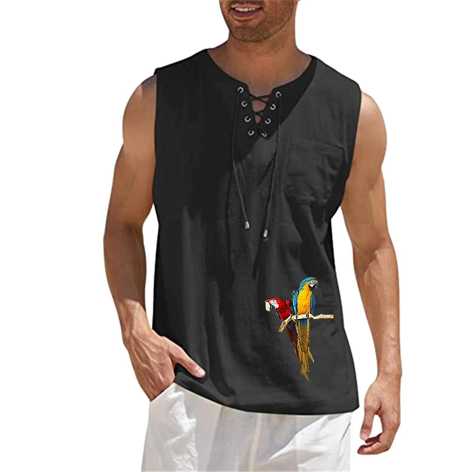 

Men's Tank Top Summer Casual Sports Sleeveless Top Cotton Linen Vest Bird Painting Fitness Muscle Breathable Beach Tops 4