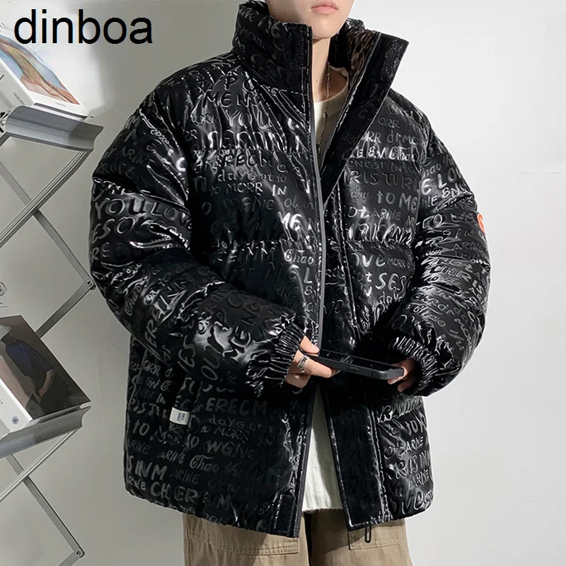 

Dinboa-Толстая Мужская парка с буквенным принтом куртка оверсайз теплые зимние кожаные пальто Harajuku Модные свободные куртки с хлопковой подкладкой