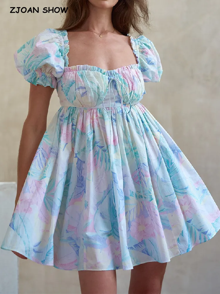 

Женское платье с пышными рукавами, голубое платье-корсет в стиле ретро с цветочным принтом и деревянными ушками и квадратным вырезом, ТРАПЕ...