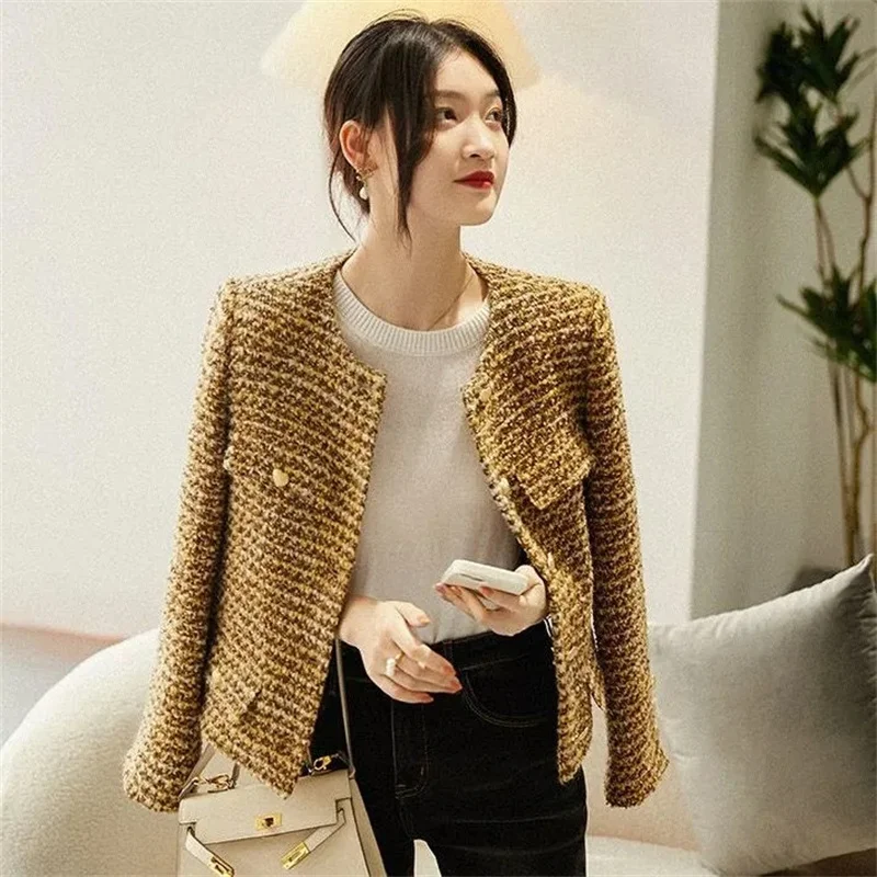 

2023 Spring Autumn New Coat Women French Wool Tweed Elegant Jackets Retro Short Outwear Trend Small Fragrance Overcoat Female