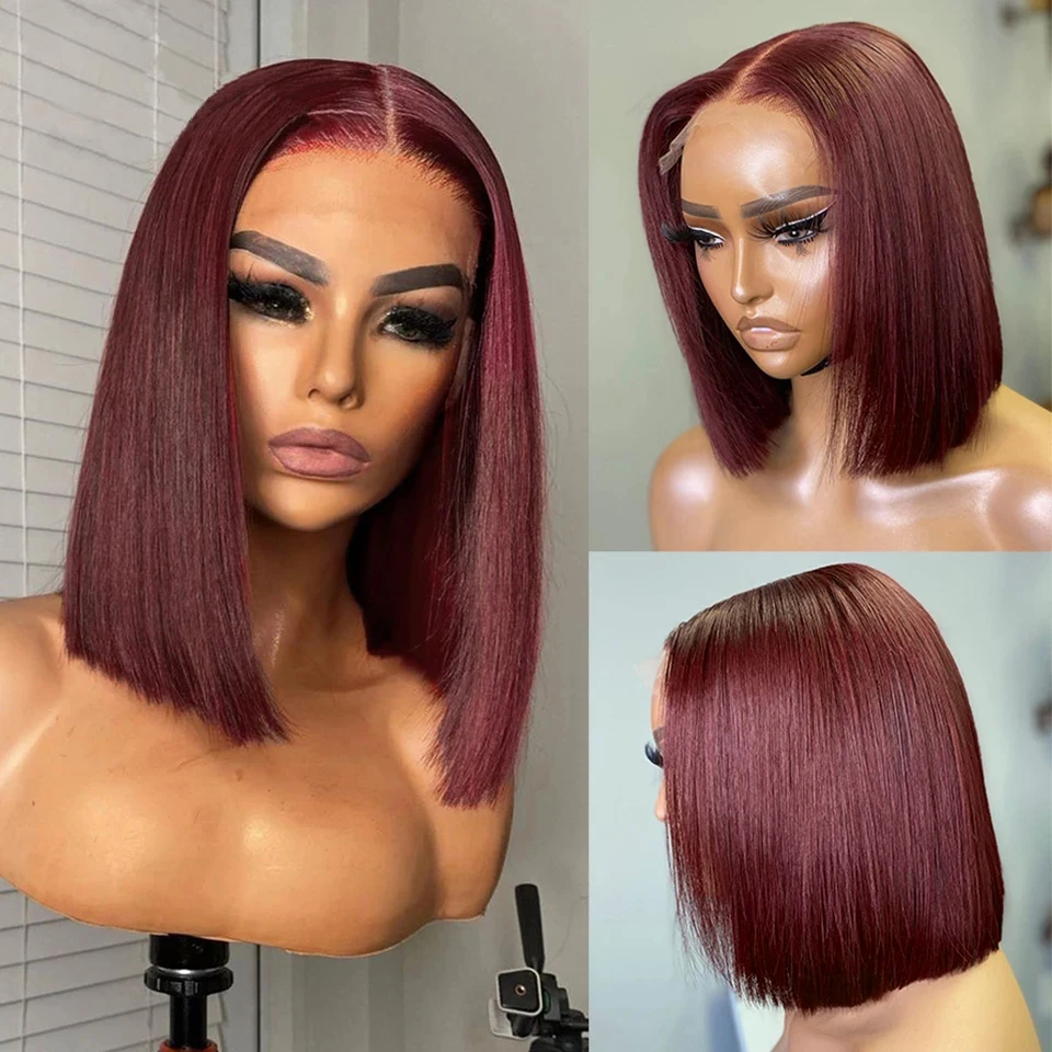 

99J Burgundy Short Bob Wig Peruvian Straight Lace Front Human Hair Wigs Pre-Plucked 13x4 Colored Red Ginger Lace Frontal Wigs