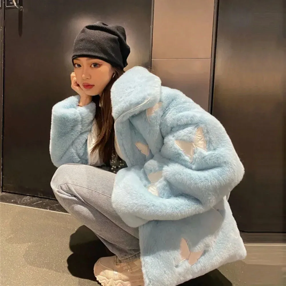 baby blue fur Winter Women's h Reflective Butterfly Imitation Fur Coat Harajuku Casual Street Jackets Female Hip-hop Tops