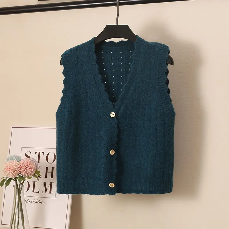 

Blue Wave Lady Spring Korean V-neck Knit Sleeveless Sweater Short Vest Loose Coat Tops Waistcoat Lady Top Cloth for Women girl