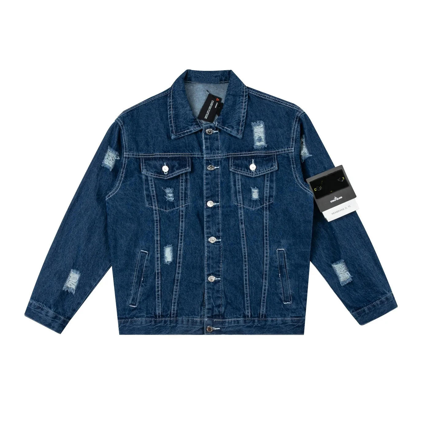 

22ss New High Quality 1:1 Classic Compass Armband Embroidered Washed Distressed Frayed Ripped Men's Denim Jacket Men Women Coat