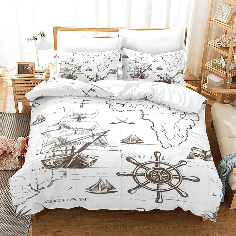 

Pirate Ships Duvet Cover Set Vintage Nautical Style Polyester Bedding Set Medieval Sailing Ship King Queen Size Comforter Cover