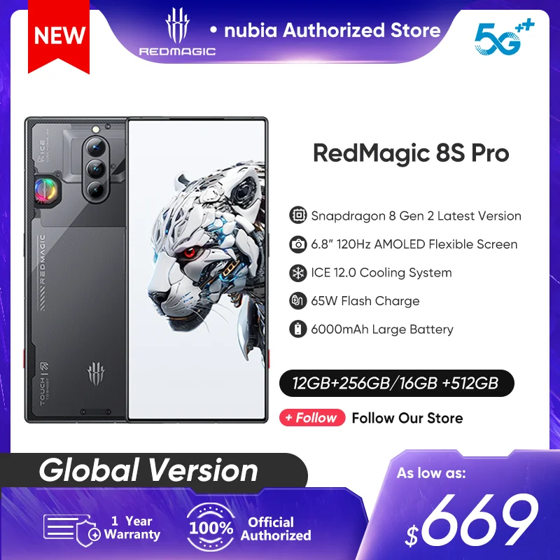 

Nubia Redmagic 8s Pro 5G Global Version 6.8'' 120Hz AMOLED Screen Snapdragon 8 Gen 2 Latest Octa Core 65W Flash Charge 6000mAh