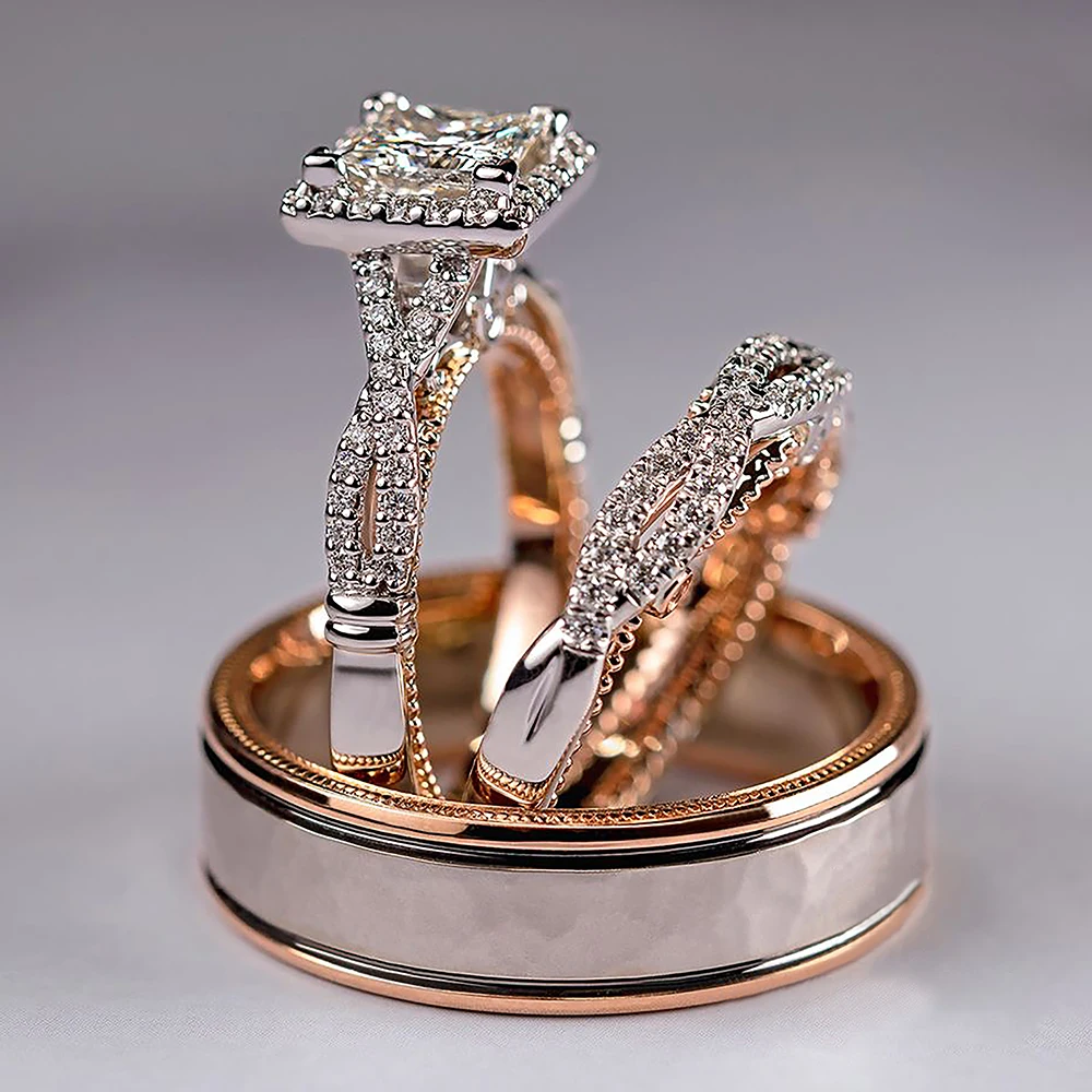 

Fashion Charm Couple Rings Men Alloy Rings Rhinestones Glass Filled Women Wedding Band Rings Set Valentine Day Jewelry
