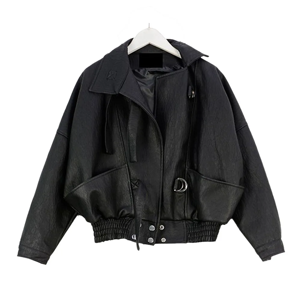Autumn leather jacket coat black short style locomotive PU leather bat sleeve loose leather clothing for wome