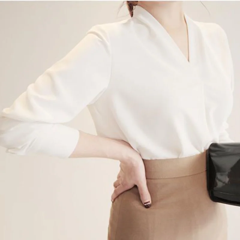 Женская Шифоновая Блузка С Длинным Рукавом Офисная Стильная V-образным Вырезом