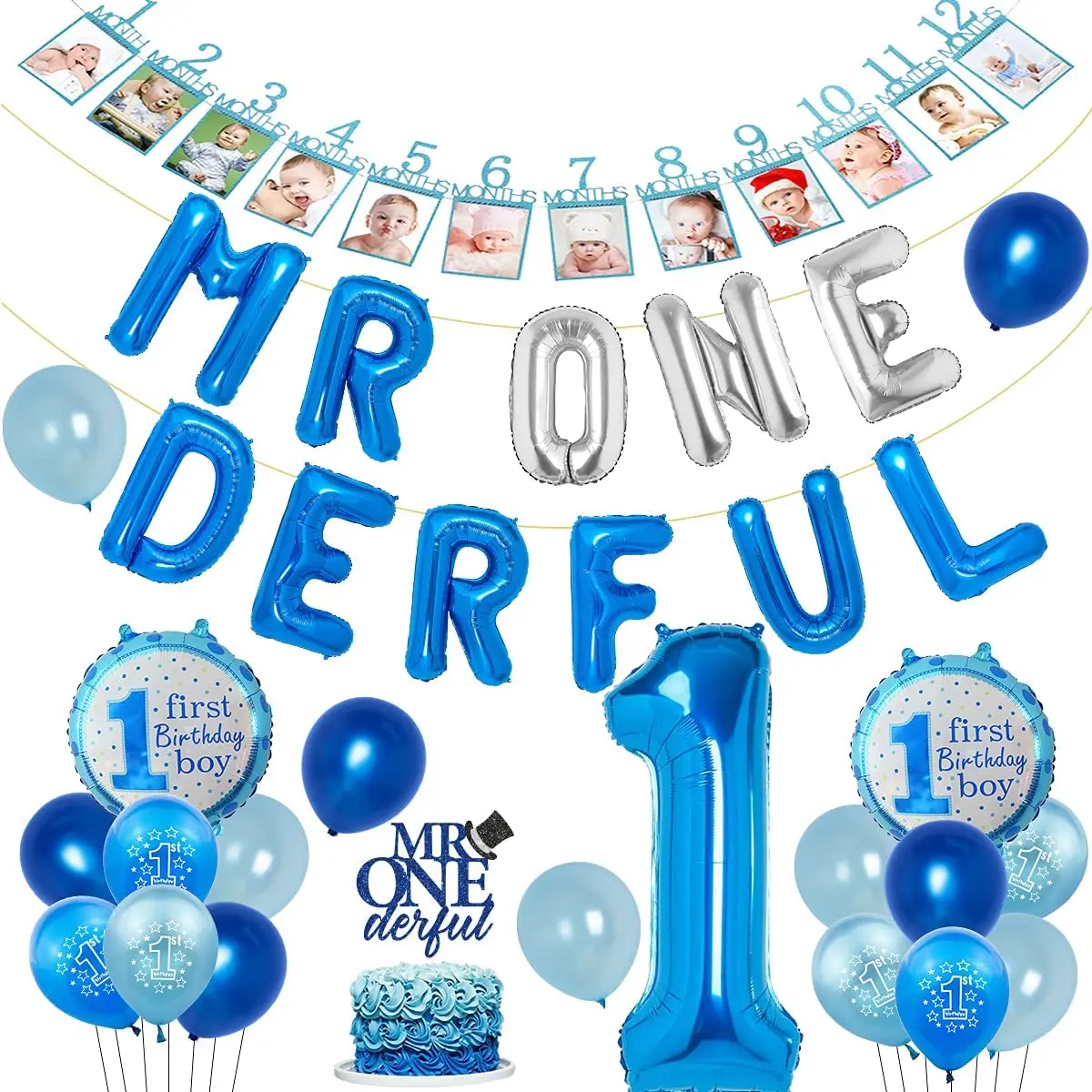 

Mr Onederful 1st Birthday Decorations Blue for Boys with Mr One Derful Balloons Banner Monthly Photo Banner Cake Topper Kit