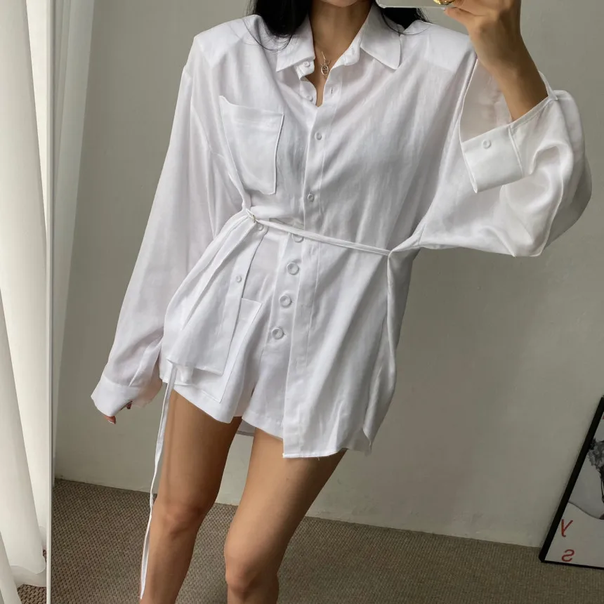 

SuperAen 2022 Summer Solid Single Breasted Lace Up Waistband Loose All Match Shirt Women + Short Suit Two Piece Set
