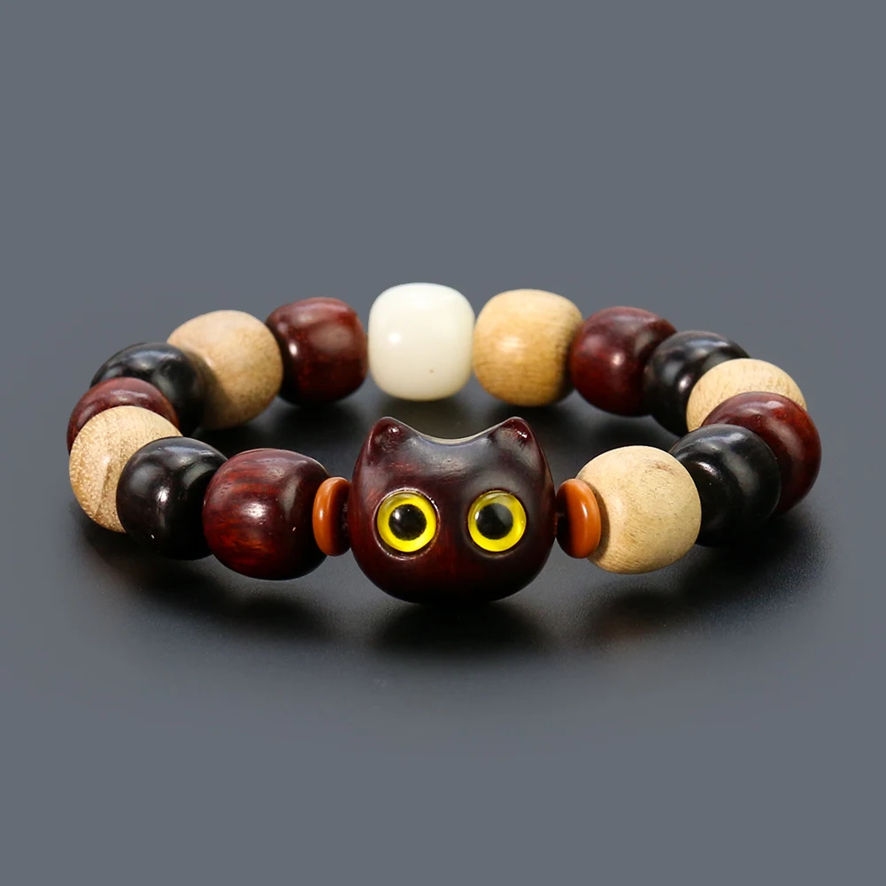 

Sandalwood Carved Cat Head Bracelet Charms Rosewood Bodhi Root Ancient Buddhist Bead Lucky Bracelet Handmade Men Women Jewelry