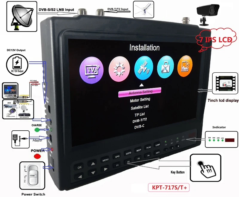 Фото DVB-S2 +DVB-C+DVB-T2 Комбинированный KPT-717ST+AHD MPEG4 Измеритель спутникового искателя Анализ спектра 7-дюймовый TFT ЖК-экран MP4 Hevc (H.265) №1