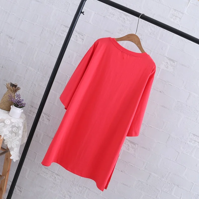 

Женская свободная футболка средней длины, Однотонная футболка большого размера с разрезом и рукавом до локтя, в Корейском стиле, 2022