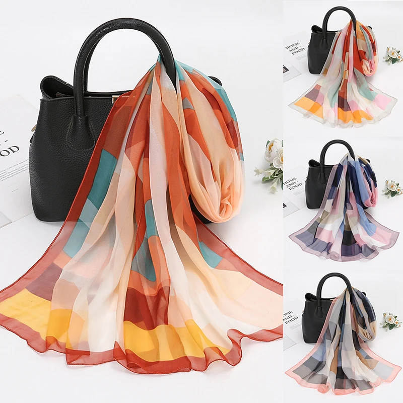 

Красочные геометрические шарфы для женщин, клетчатый принт, бандана, шарф, шелковая лента, длинные тонкие хиджабы, женская сумка