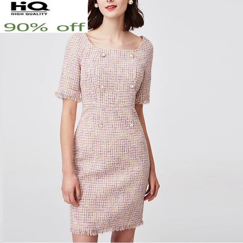 

pink Orange tweed square neck spring / autumn women's ladies bright silk tassel female one-piece dress