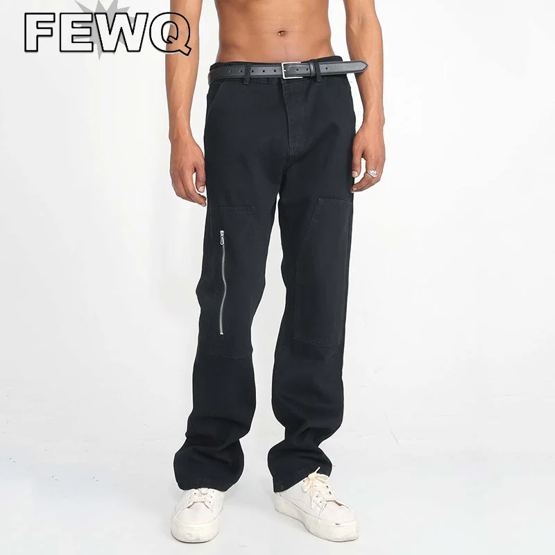 

FEWQ Straight Jeans Men's High Street Zipper Spliced Trousers Male Casual Vintage Denim Pants Solid Color 2023 Tide New 24B2359