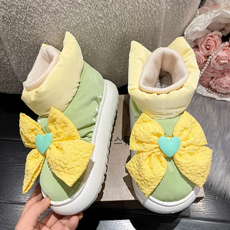 

2023 Winter Women Snow Boots Cute Bow Tie Plush Warm Ankle Boots Female Soft Sole Cotton Shoes Non-Slip Indoor Home Short Boots