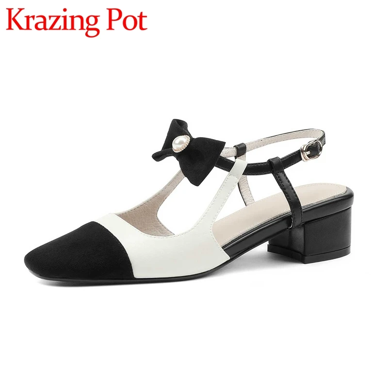 

Krazing Pot Genuine Leather Square Toe Med Heel Mixed Color Butterfly-knot Pearl Slingback Buckle Strap Sweet Women Pumps L63
