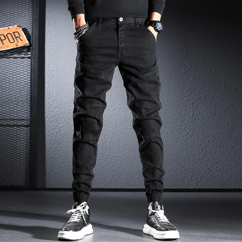 Streetwear Fashion Men Jeans Black Color Multi Pockets Casual Cargo Pants Hombre Spliced Designer Hip Hop Joggers Men Overalls