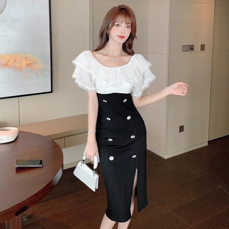

Office Lady White Chiffon Patchwork Sexy Bodycon Dress Women Elegant Party Vestidos 2022 Summer Vintage Korean Hepburn Midi Dres