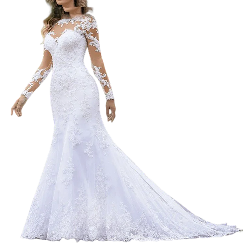 

Stunning Illsion Lace Long Sleeves Wedding Dresses Robes de Mariage Sweep Train Garden See Through Back Mermaid Bridal Gowns