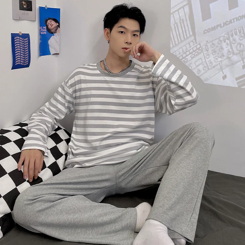 QUHENG  Men's Pajamas 2022 Autumn Winter Cotton Long Sleeved Trousers Sleepwear Sets 2 Pieces Simple Casual Nightgown Lounge