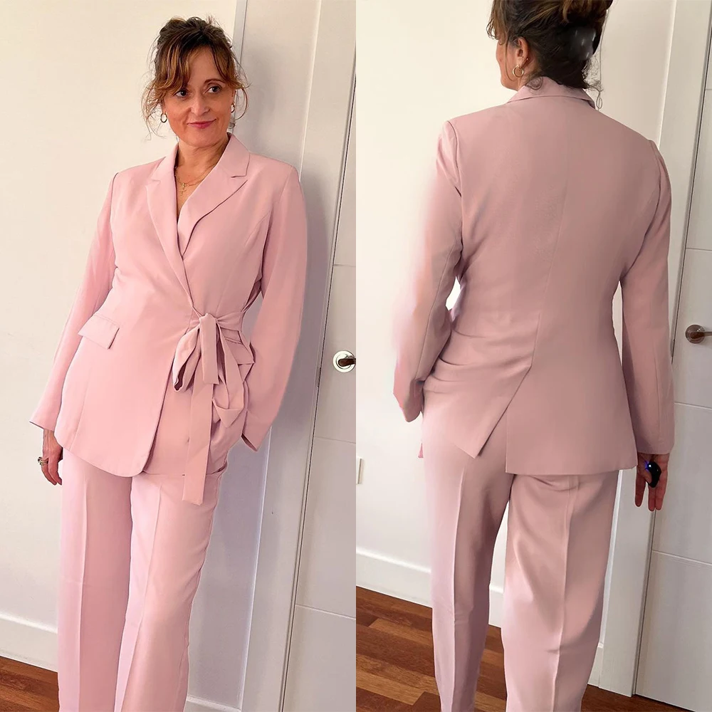 

костюм женский Summer Spring Pink Women Suits Blazer With Belt+ Pants Custom Made Casual Office Party Prom Female Suits Set