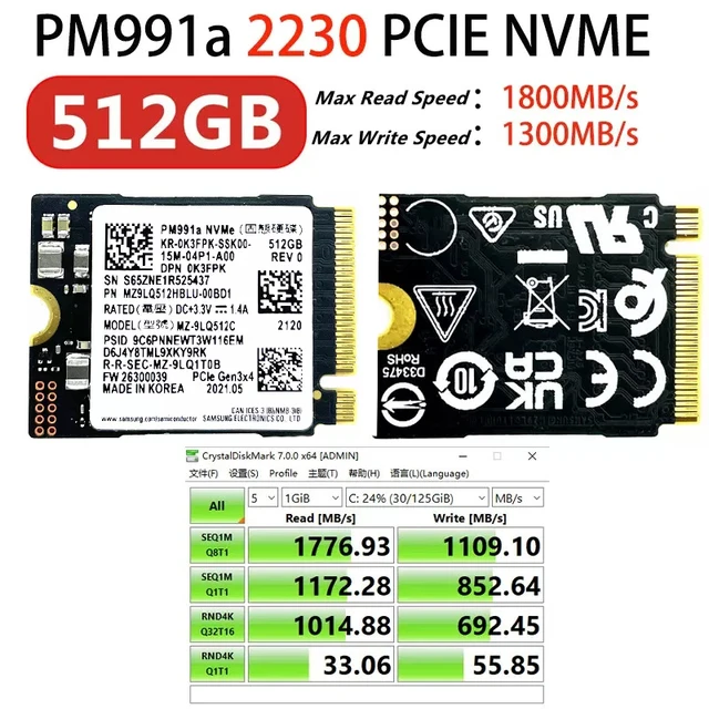 1.4A Samsung PM991a 512GB SSD M.2 2230 Internal Solid State Drive PCIe 3.0x4 NVME SSD For Microsoft Surface Pro 7+ Steam Deck 2