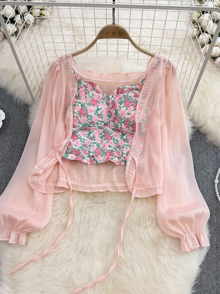 

Summer Floral Camisole Women Wear Foreign Style Chiffon Frenulum Sunscreen Cardigan Long-sleeved Top Two-piece Set D1302