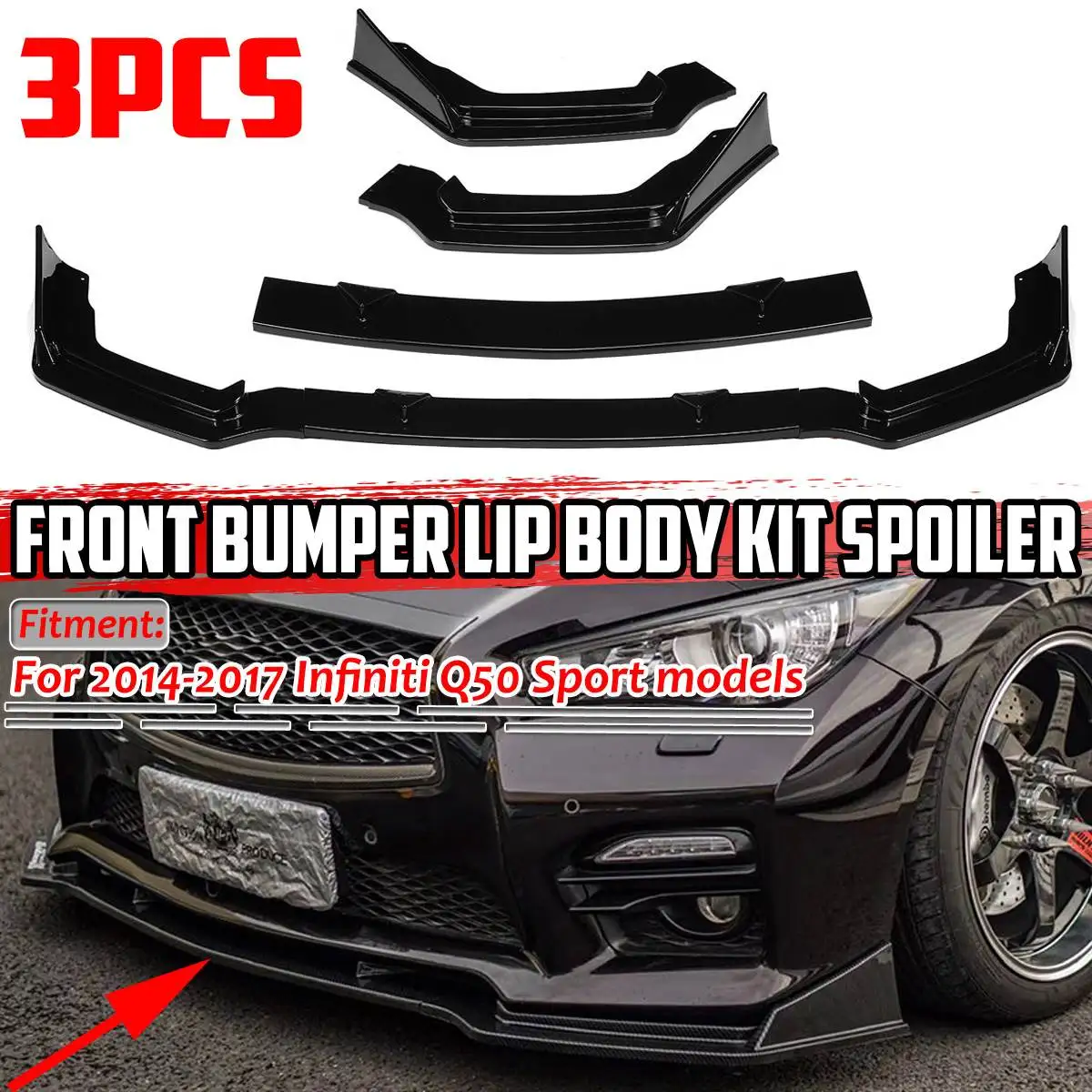 

For Q50 Car Front Bumper Lip Spoiler Splitter Lip Diffuser Bumper Guard Apron Body Kit For Infiniti Q50 2014-2017 2018-2021